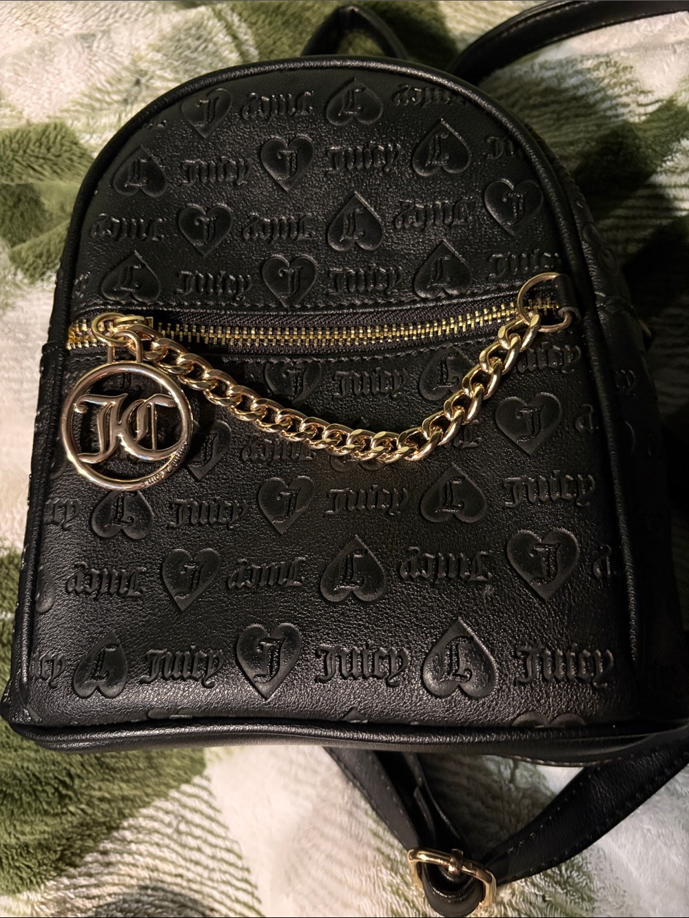 Juicy Couture Black Embossed Mini Backpack with Gold Chain Accent